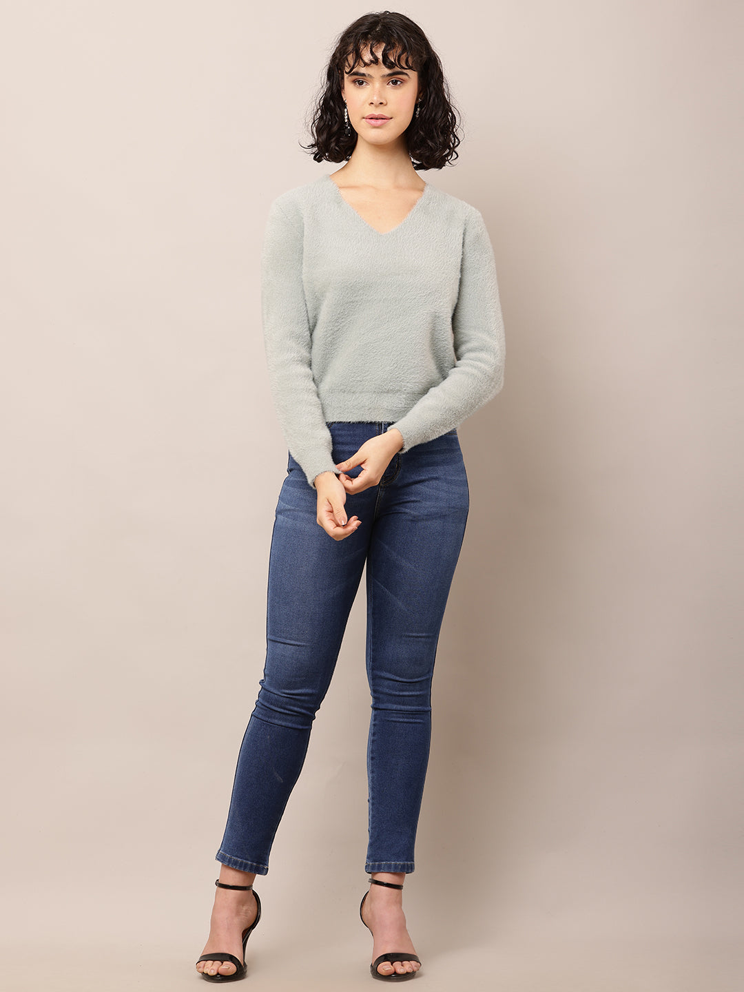 Nylon Full Sleeve with V-Neck Grey Sweater