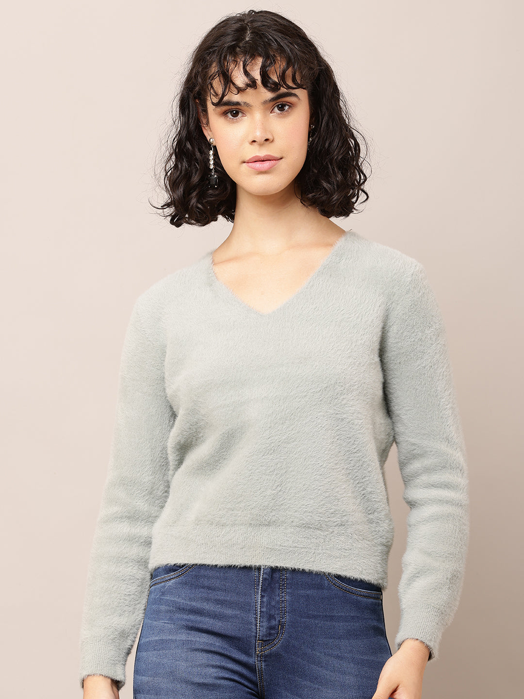 Nylon Full Sleeve with V-Neck Grey Sweater