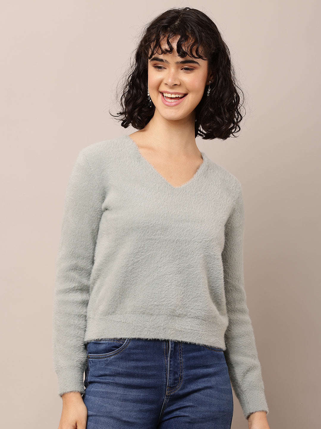 Nylon Full Sleeve with V-Neck Grey Sweater