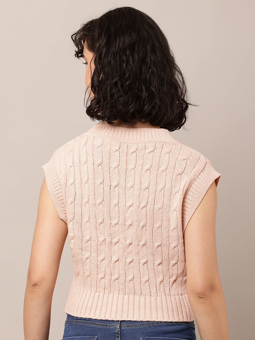 Acrylic Sleeveless with V-Neck Cable knit Pink Sweater Vest