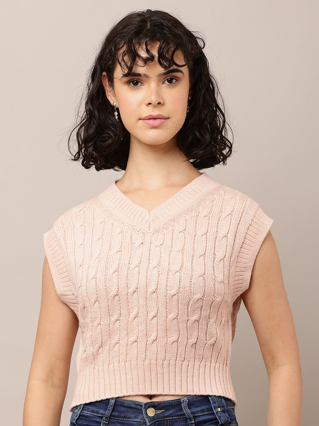 Acrylic Sleeveless with V-Neck Cable knit Pink Sweater Vest