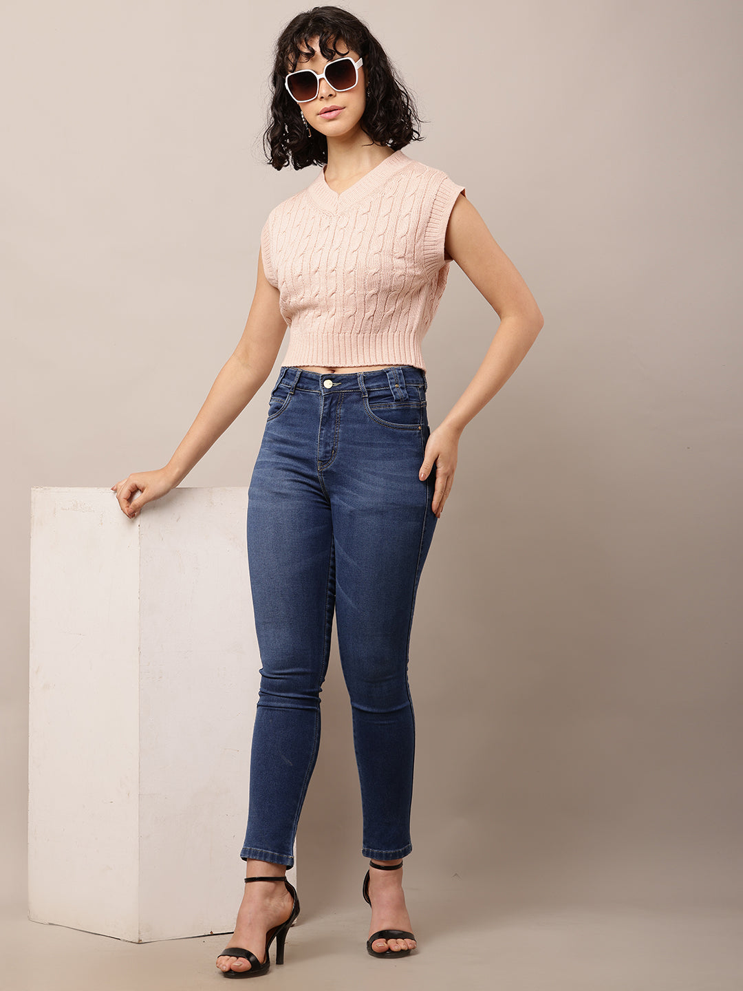 Acrylic Sleeveless with V-Neck Cable knit Pink Sweater Vest