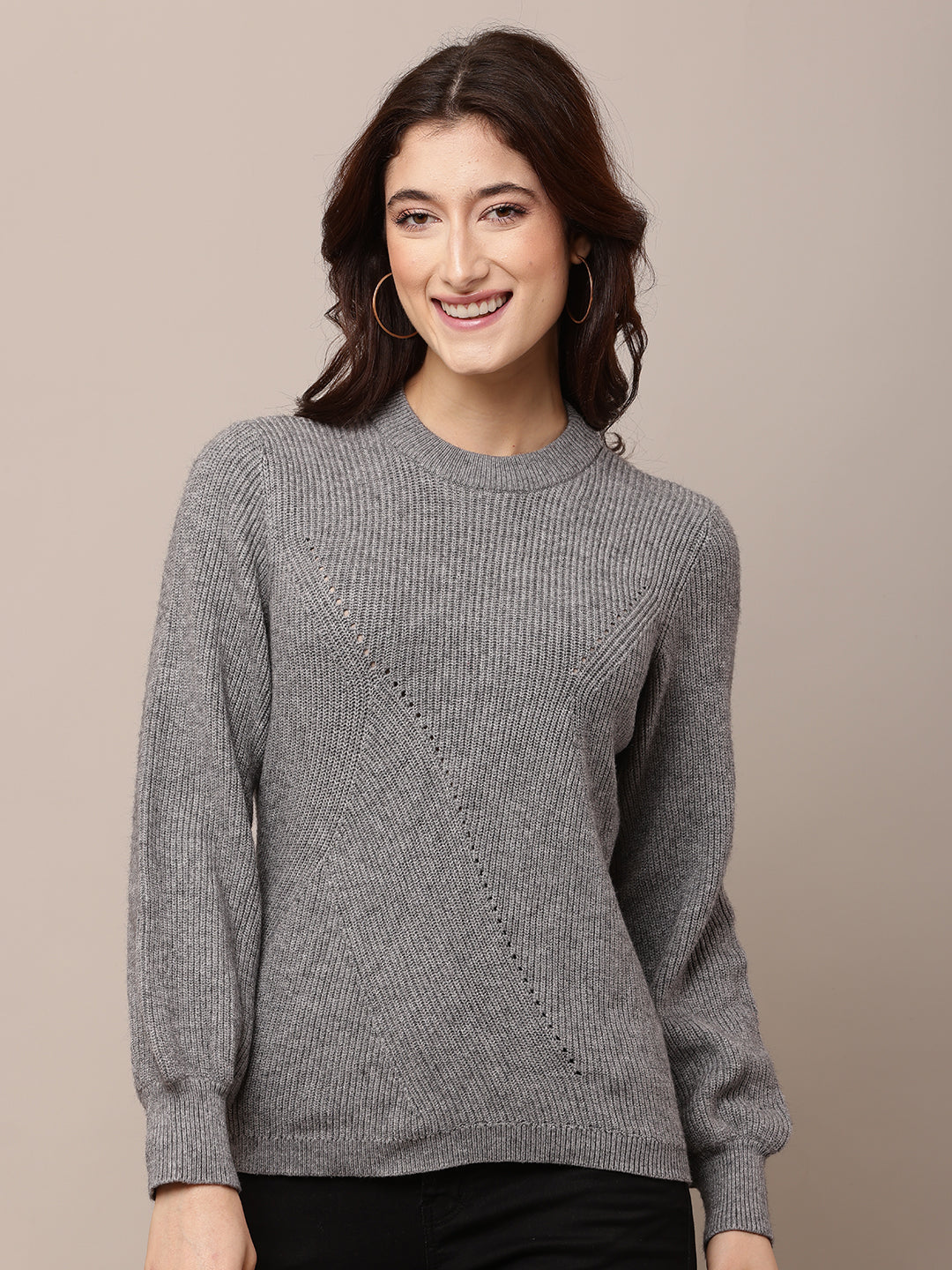 Acrylic Full Sleeve with Round Neck Grey Sweater