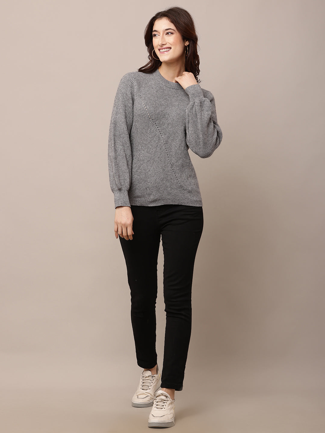 Acrylic Full Sleeve with Round Neck Grey Sweater