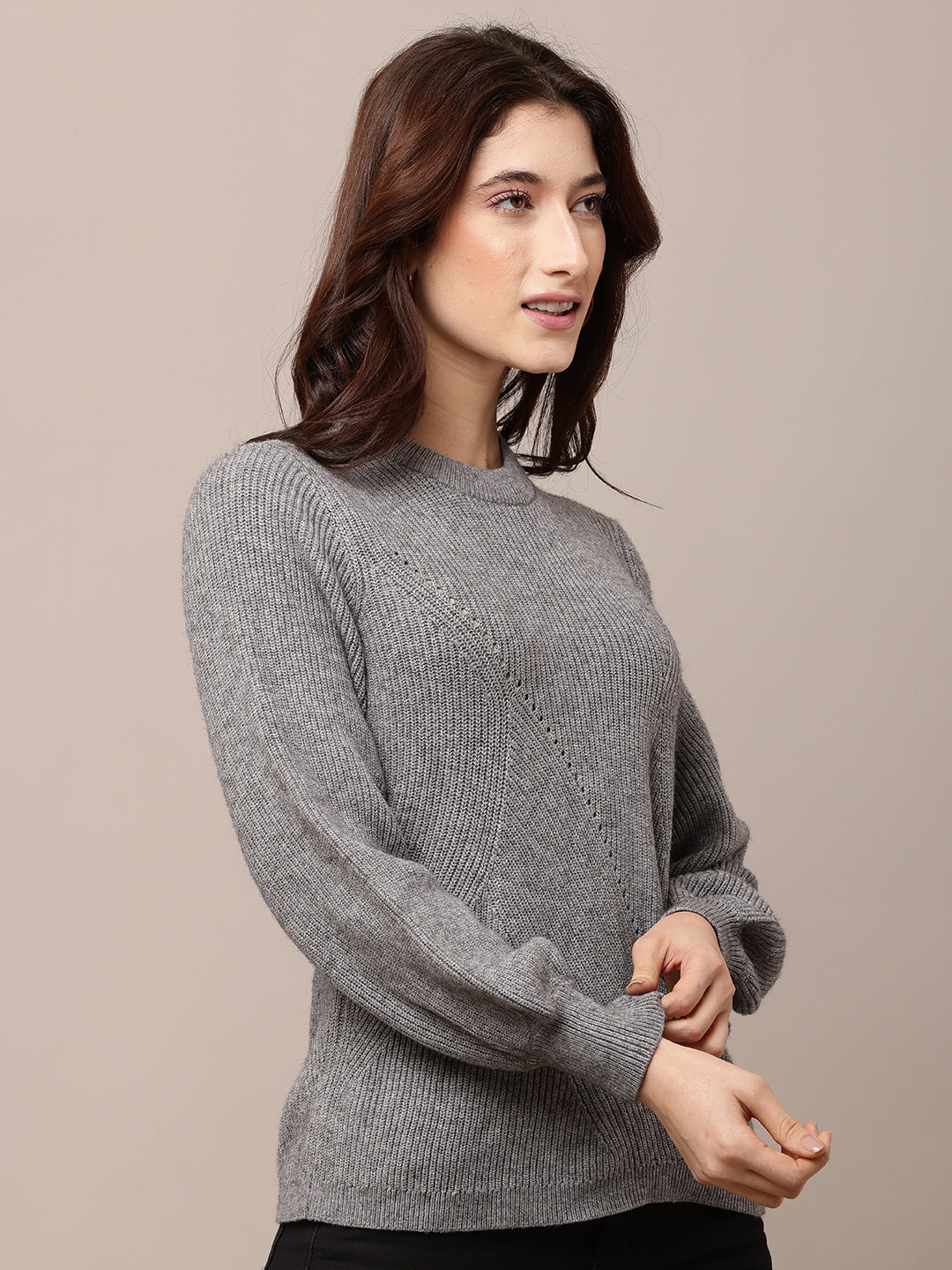 Acrylic Full Sleeve with Round Neck Grey Sweater