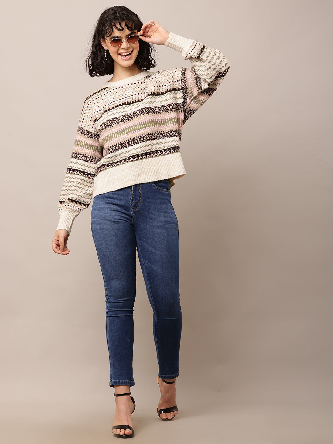 Nylon Full Sleeve Crew Neck Multicolour Printed Sweater