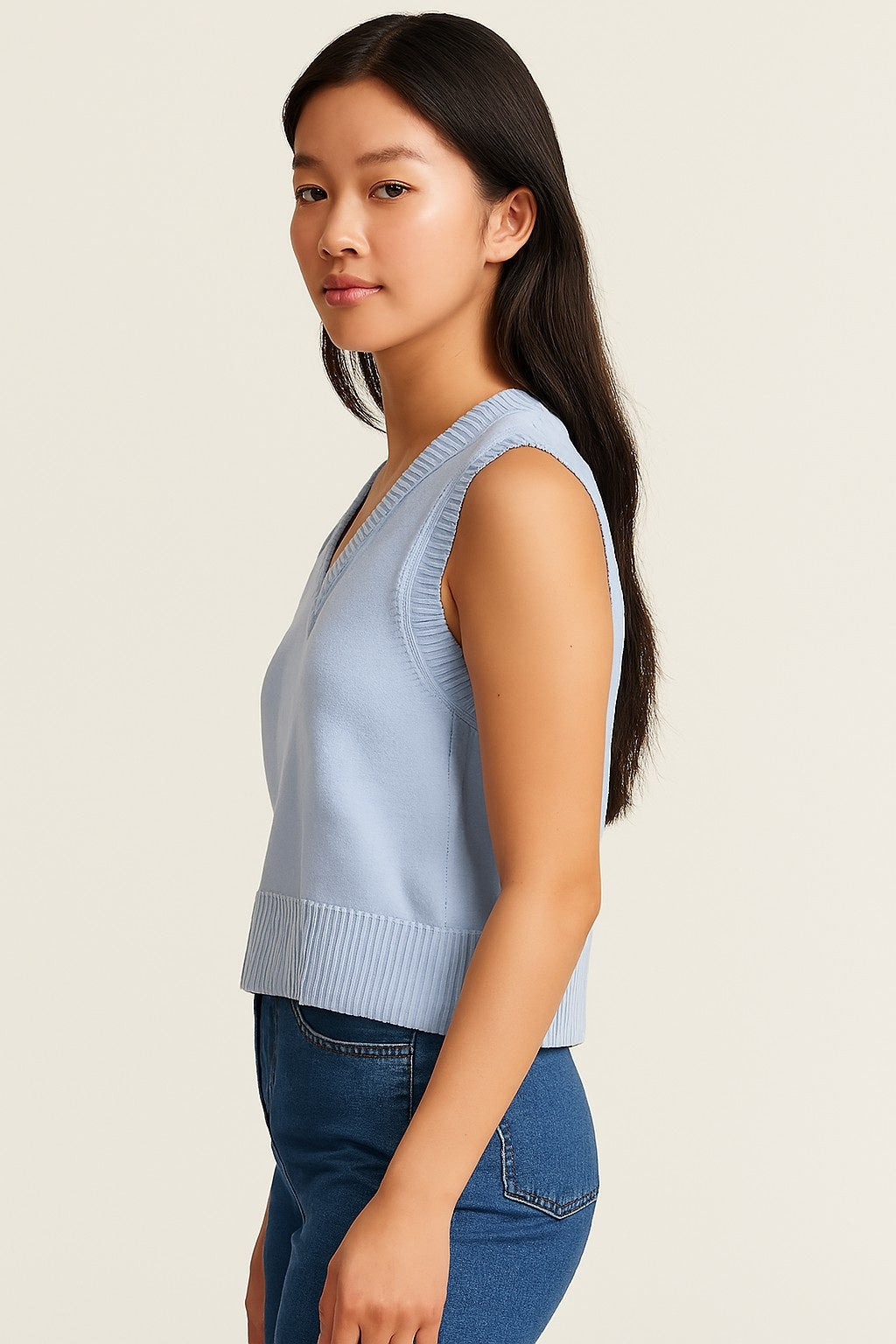 Acrylic Sleeveless with V-Neck Sky Blue Solid Sweater Vest