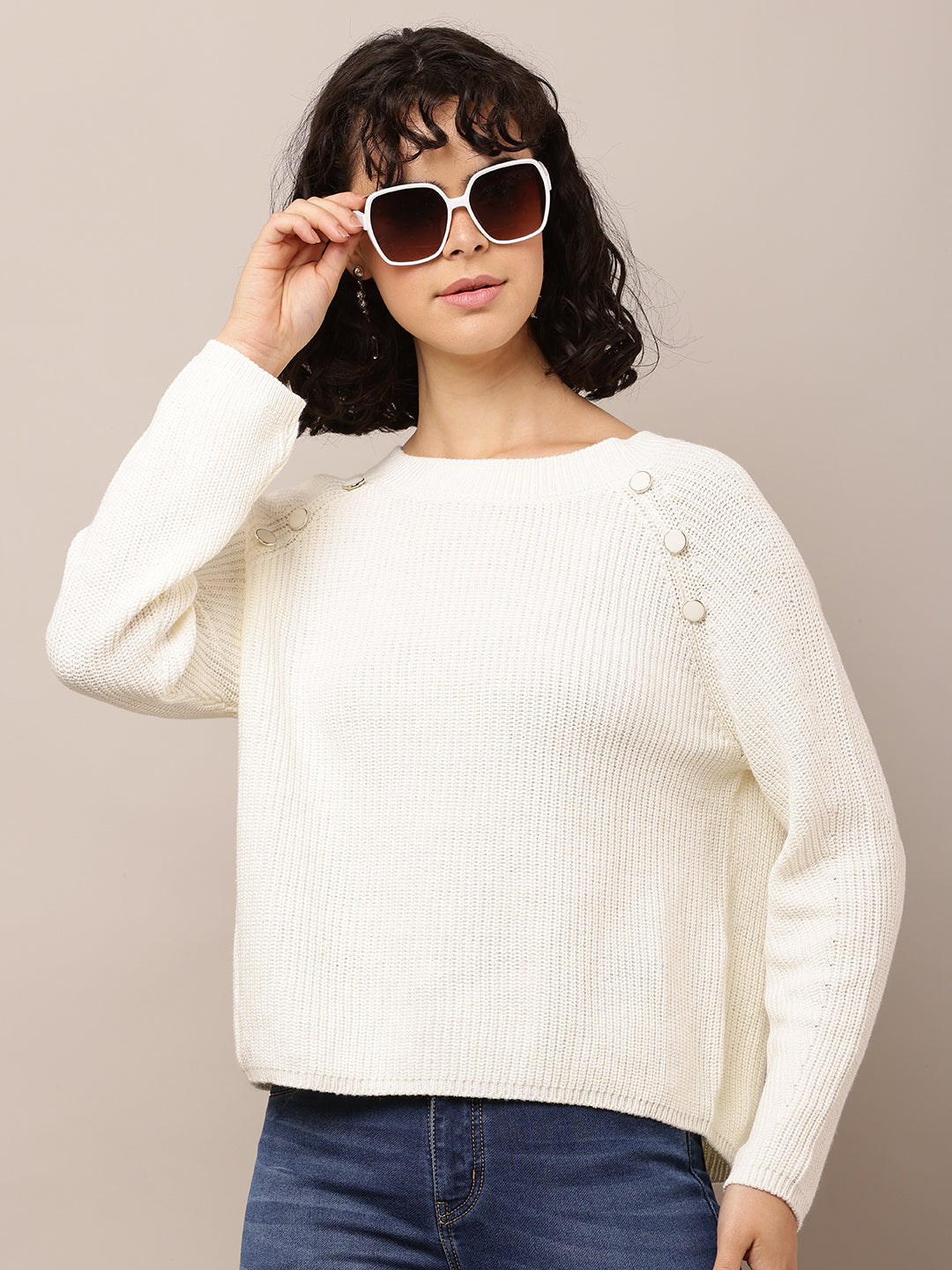 Cotton Crew neck with Full Sleeve White Sweater