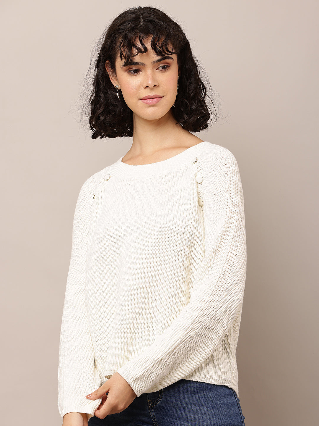 Cotton Crew neck with Full Sleeve White Sweater