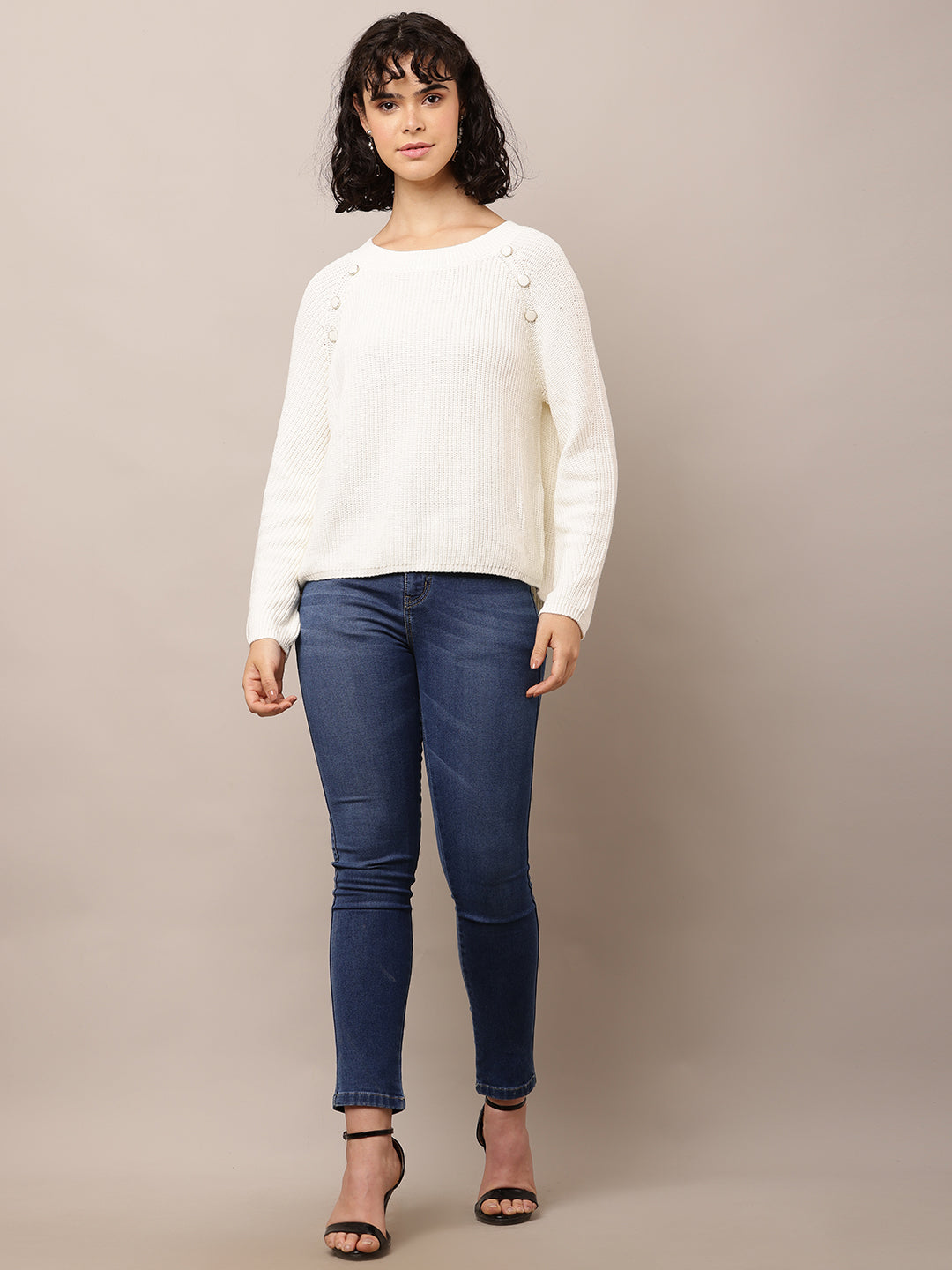 Cotton Crew neck with Full Sleeve White Sweater