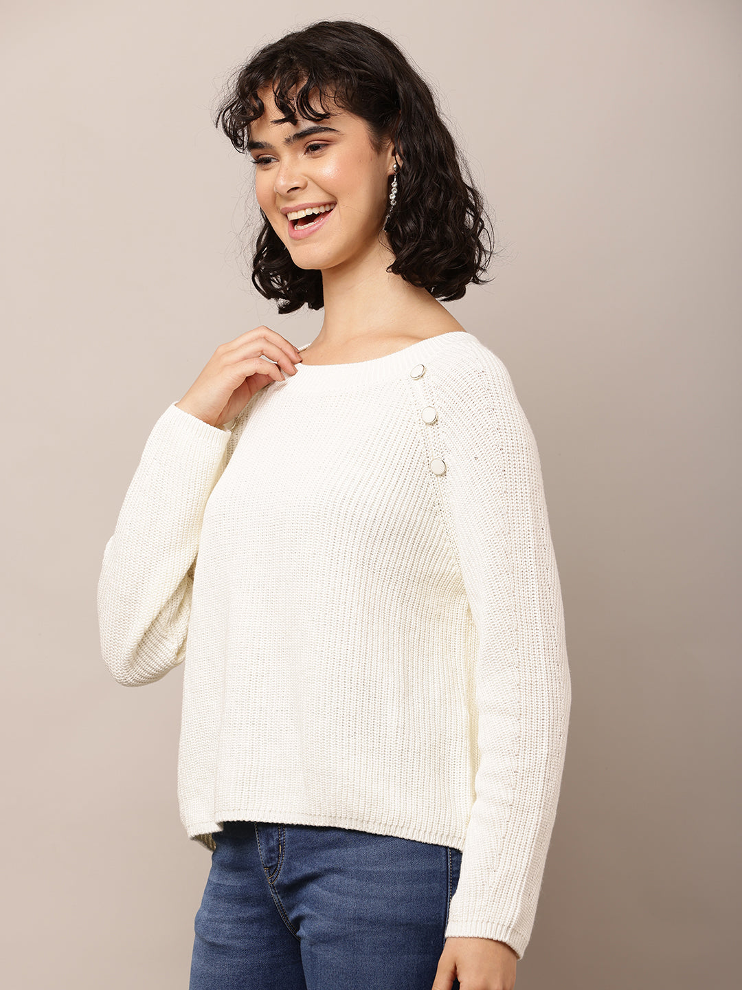 Cotton Crew neck with Full Sleeve White Sweater