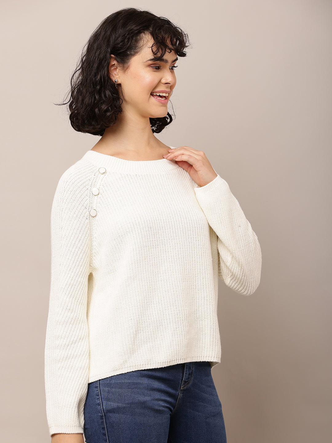 Cotton Crew neck with Full Sleeve White Sweater