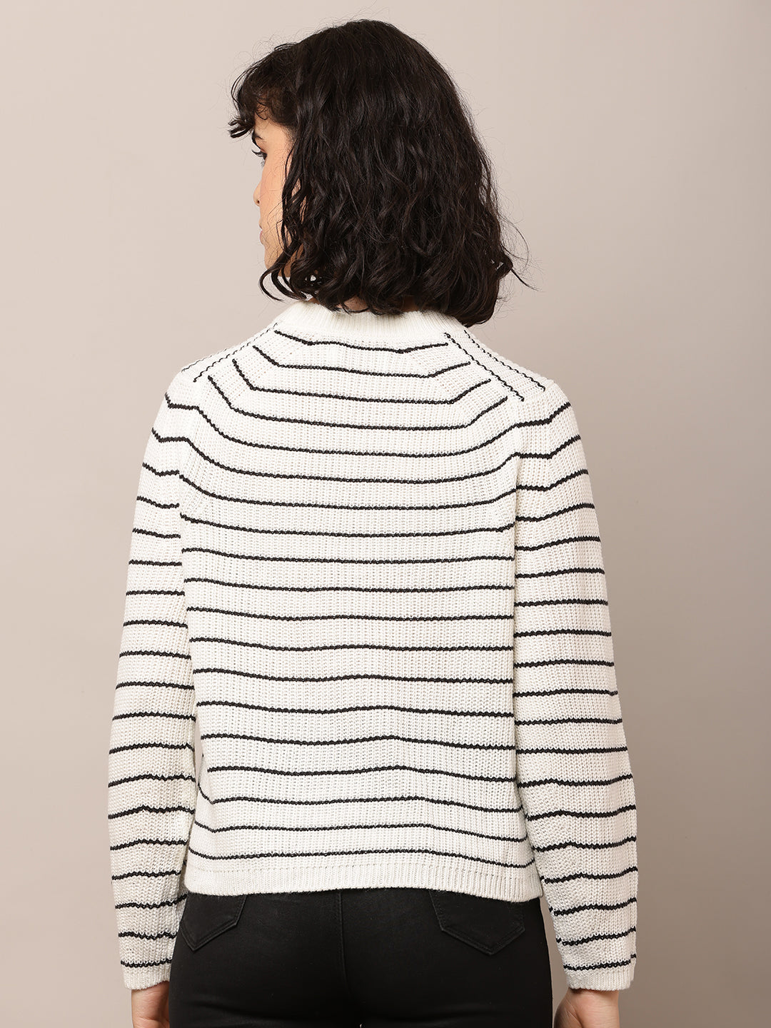 Acrylic Turtle Neck with Full Sleeve White Striped Sweater