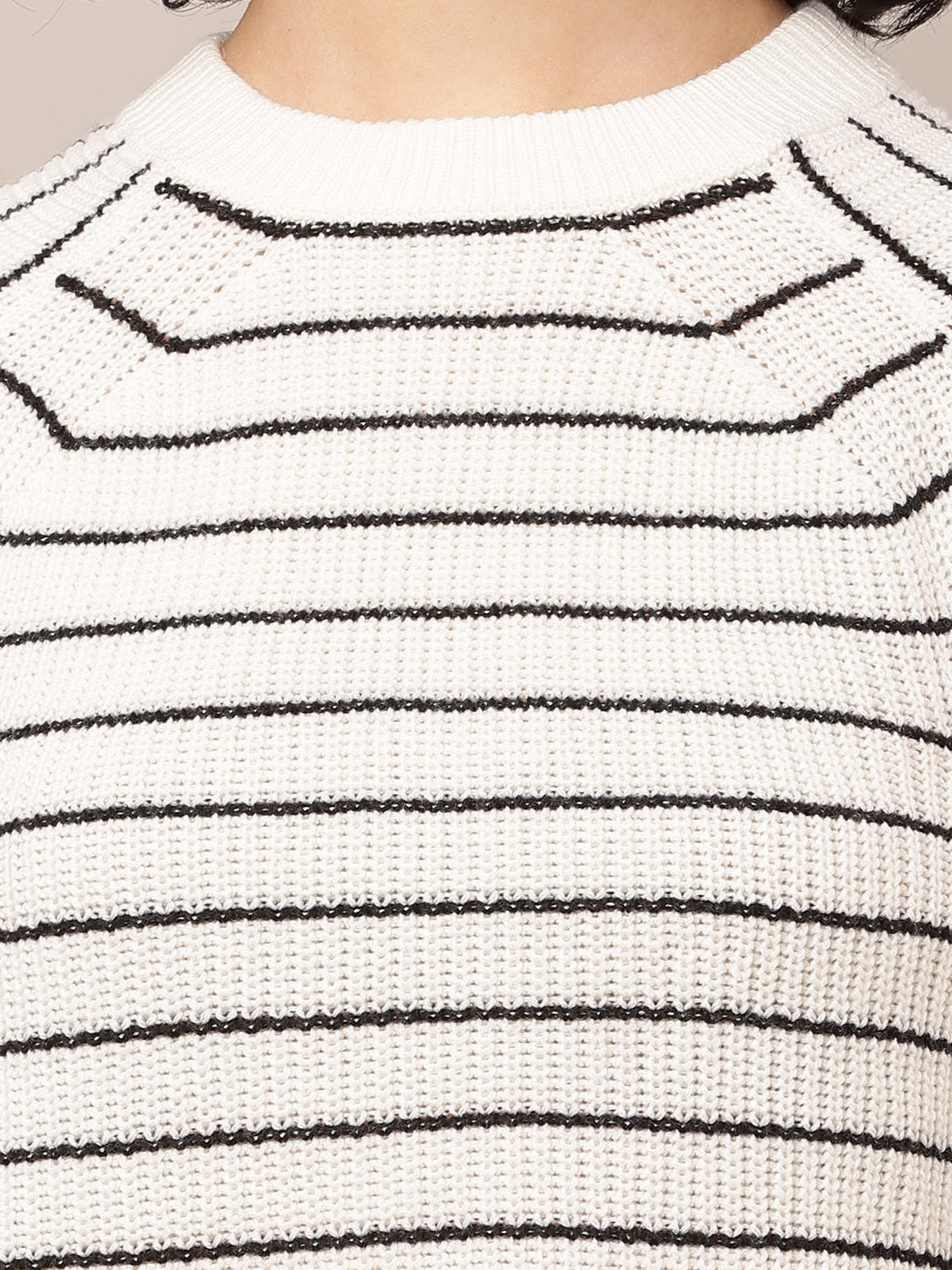 Acrylic Turtle Neck with Full Sleeve White Striped Sweater