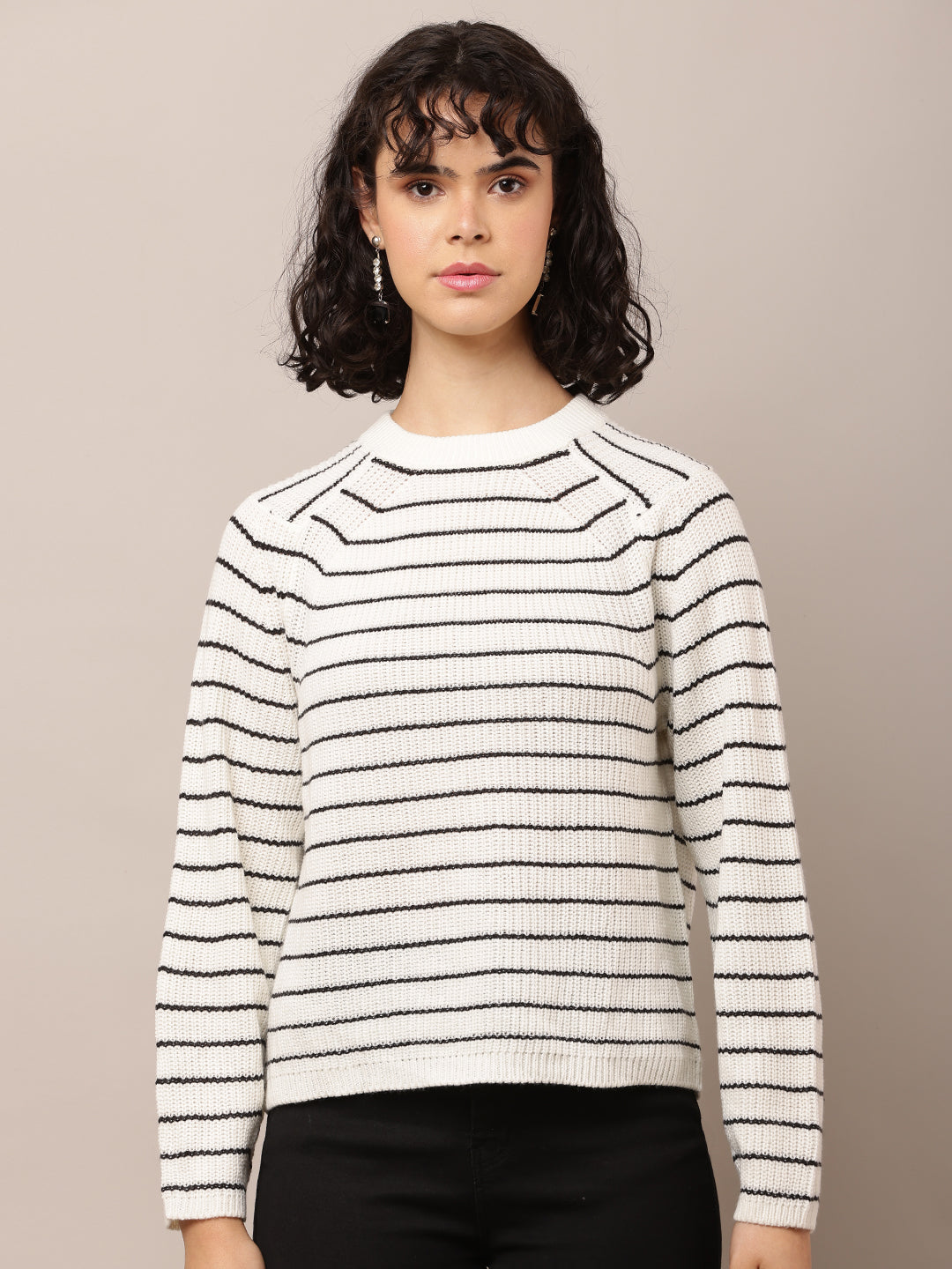 Acrylic Turtle Neck with Full Sleeve White Striped Sweater