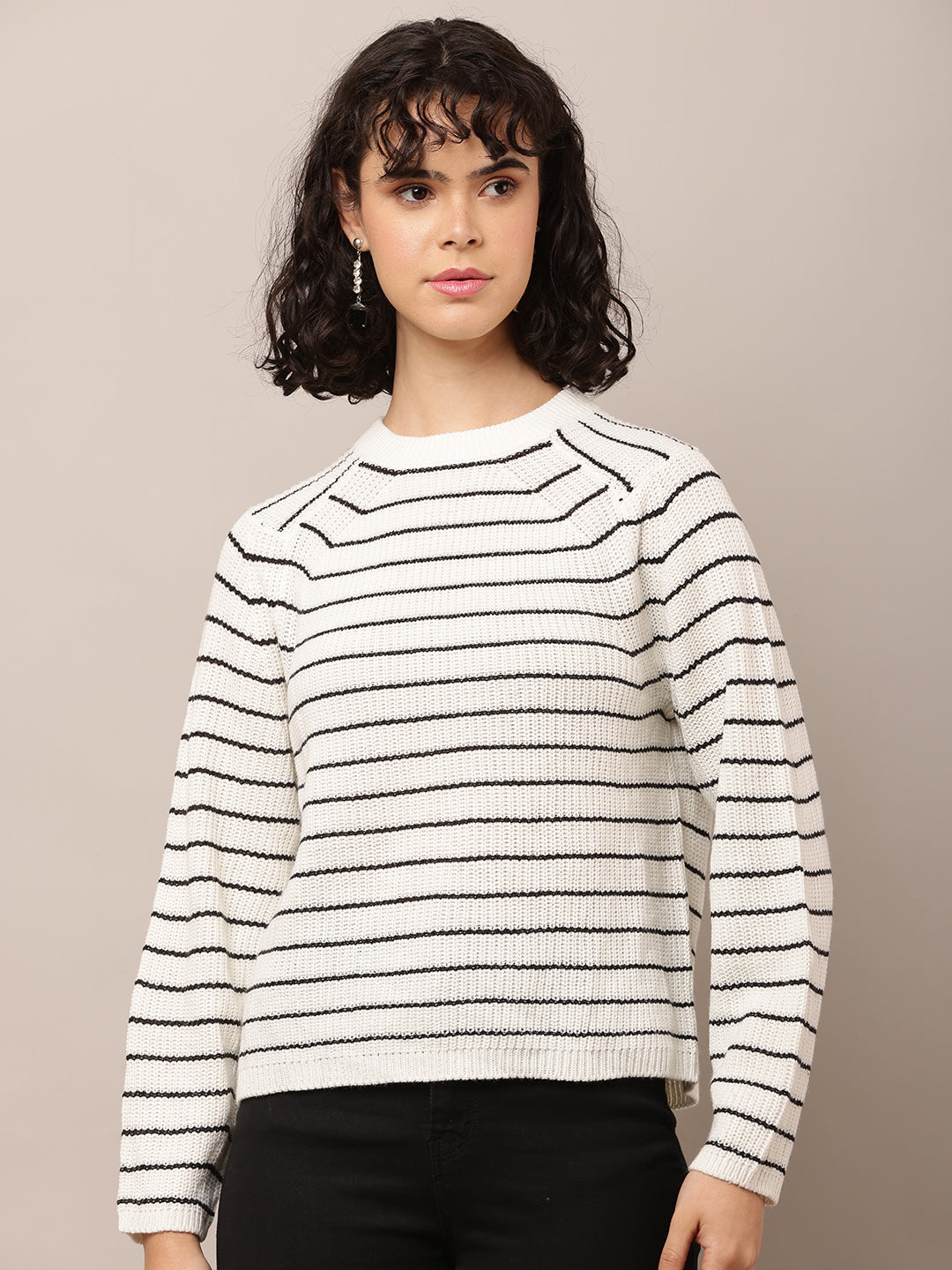 Acrylic Turtle Neck with Full Sleeve White Striped Sweater