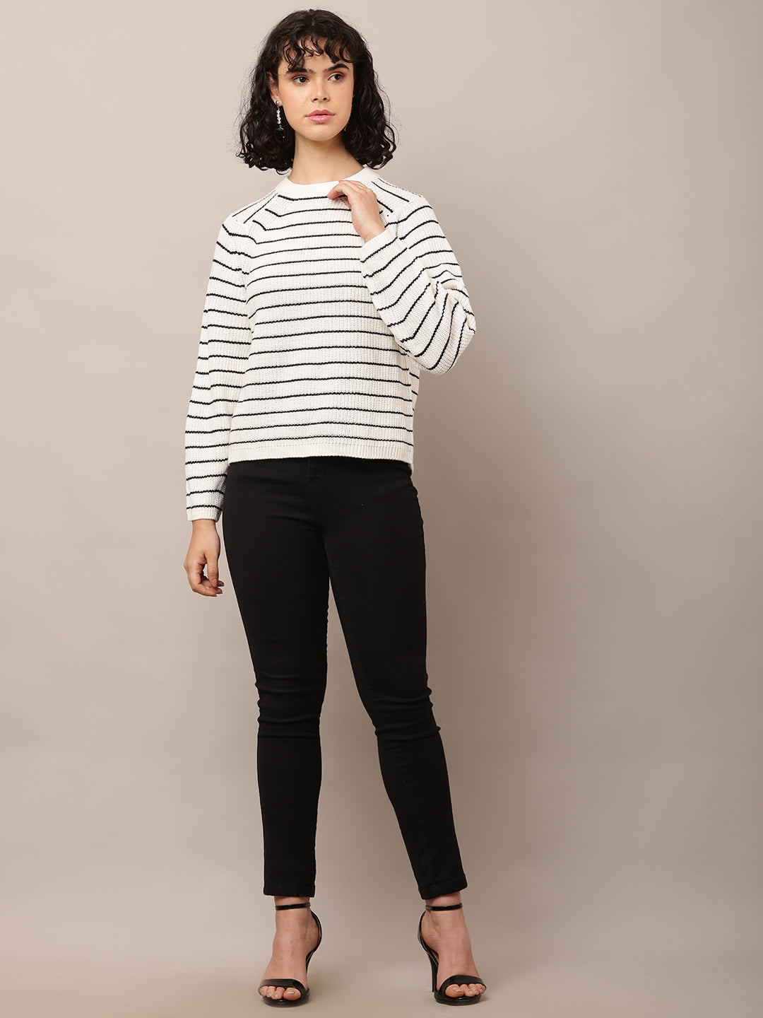 Acrylic Turtle Neck with Full Sleeve White Striped Sweater