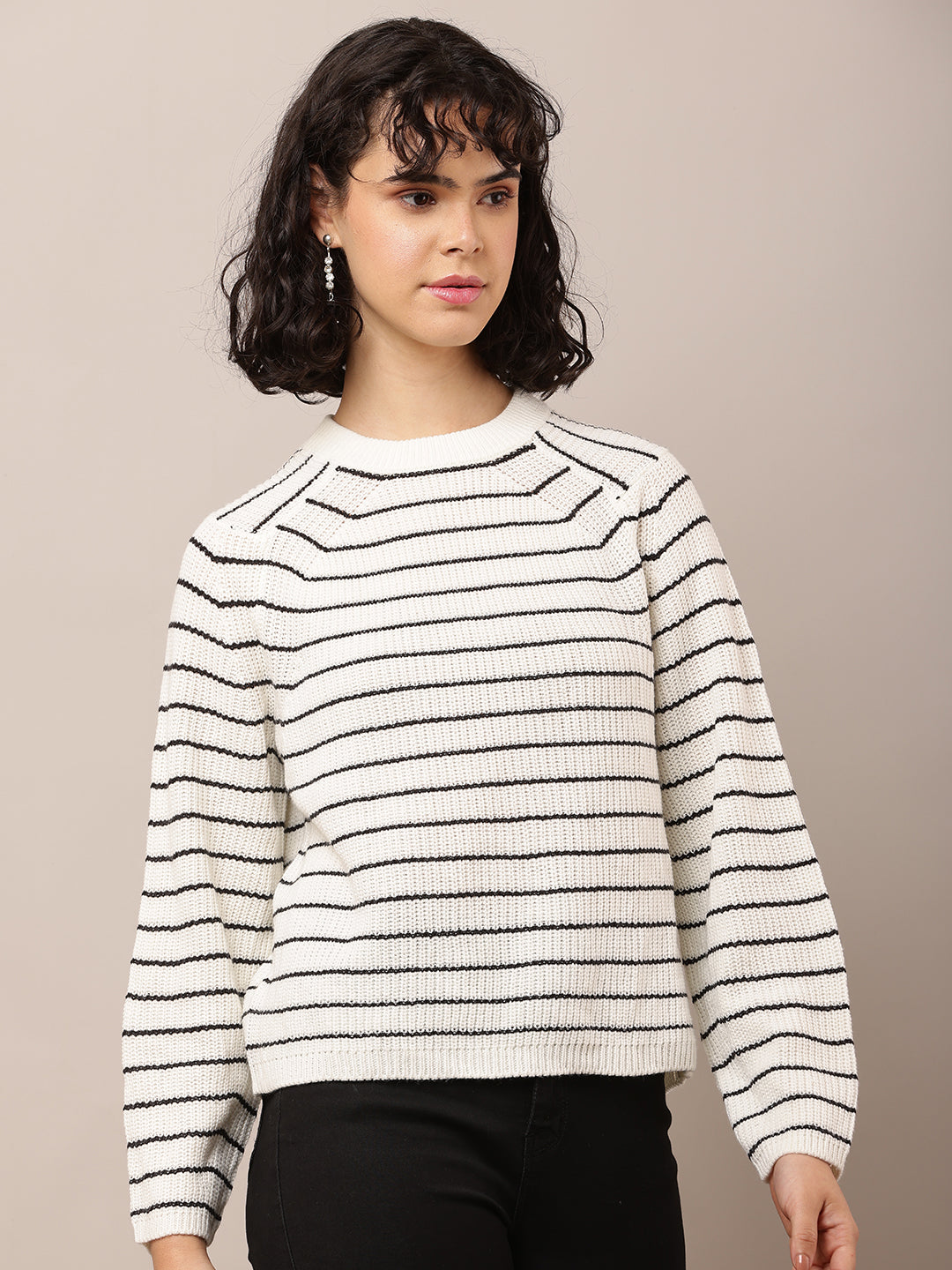 Acrylic Turtle Neck with Full Sleeve White Striped Sweater