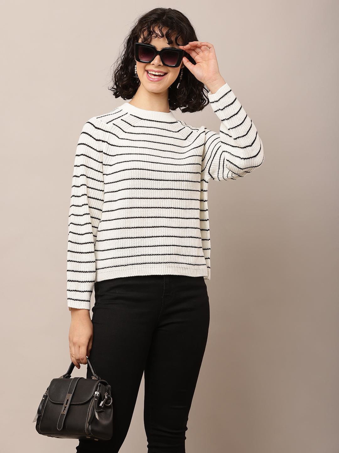 Acrylic Turtle Neck with Full Sleeve White Striped Sweater