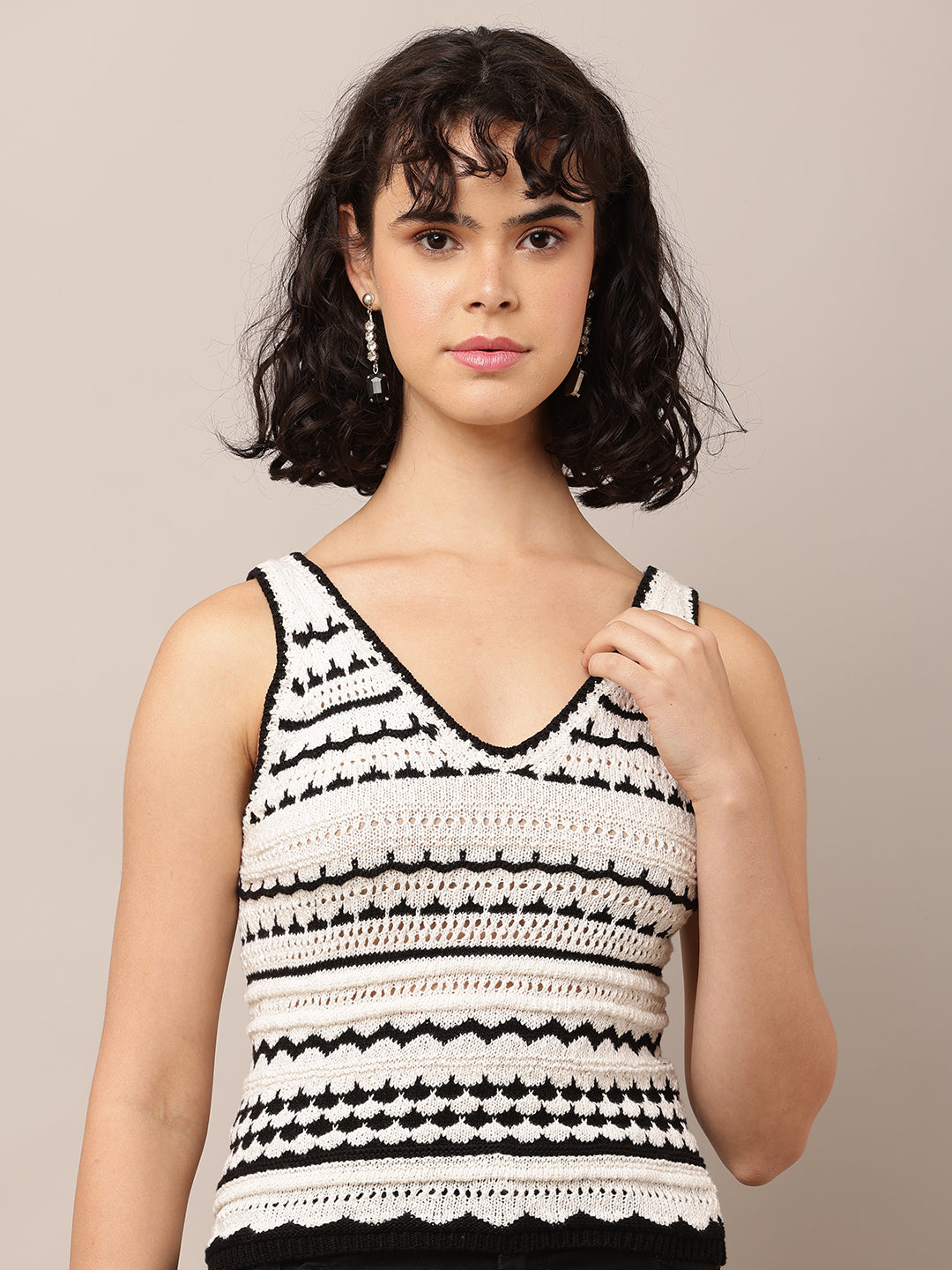 Cotton Sleeveless with V-Neck Crochet Multicolour Top
