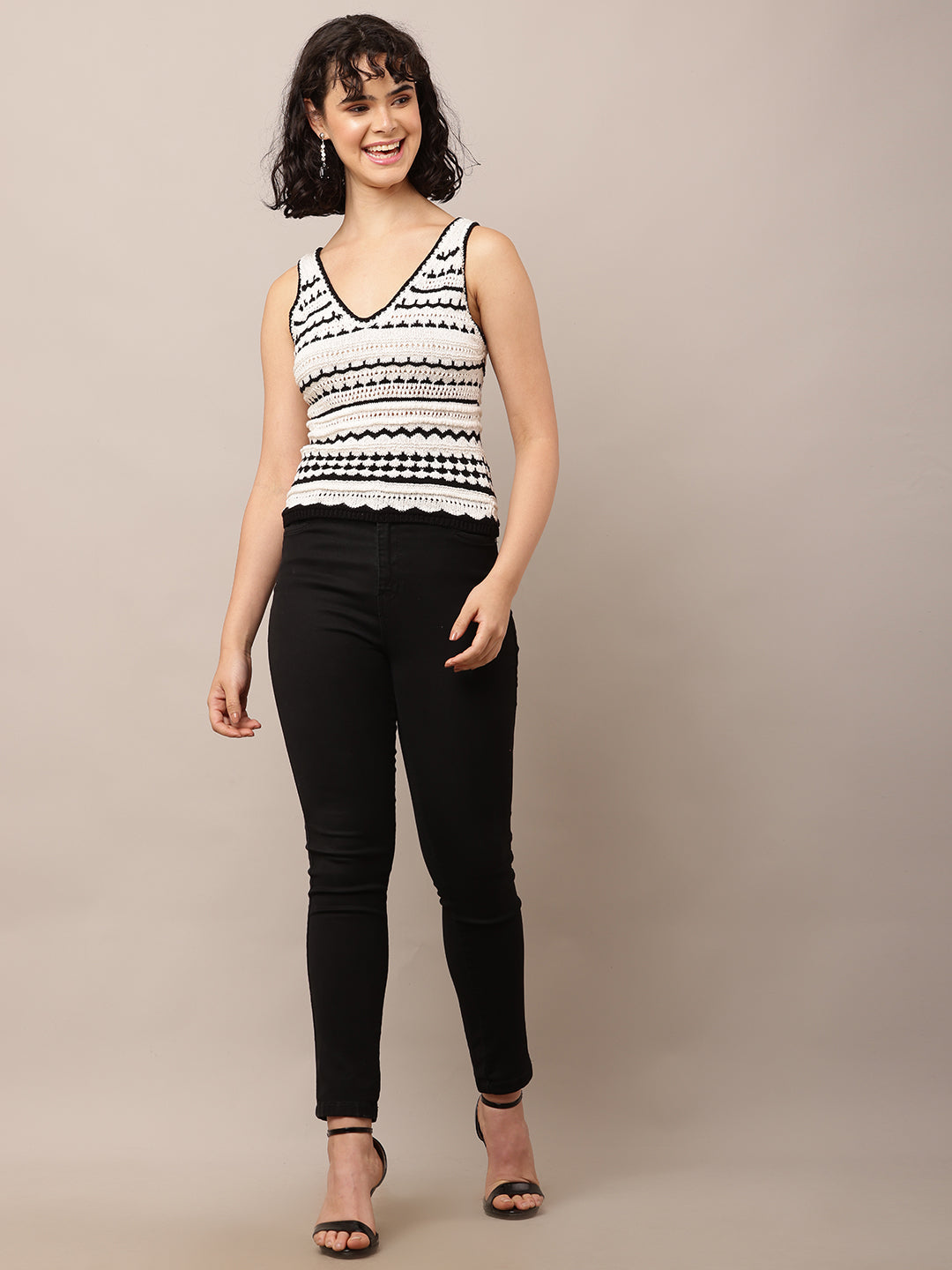 Cotton Sleeveless with V-Neck Crochet Multicolour Top
