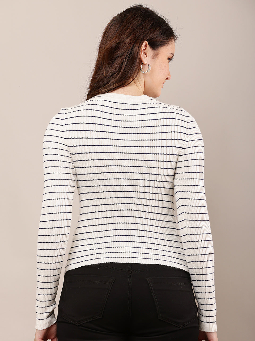 Viscose Full Sleeve with Round Neck off-white Striped Sweater