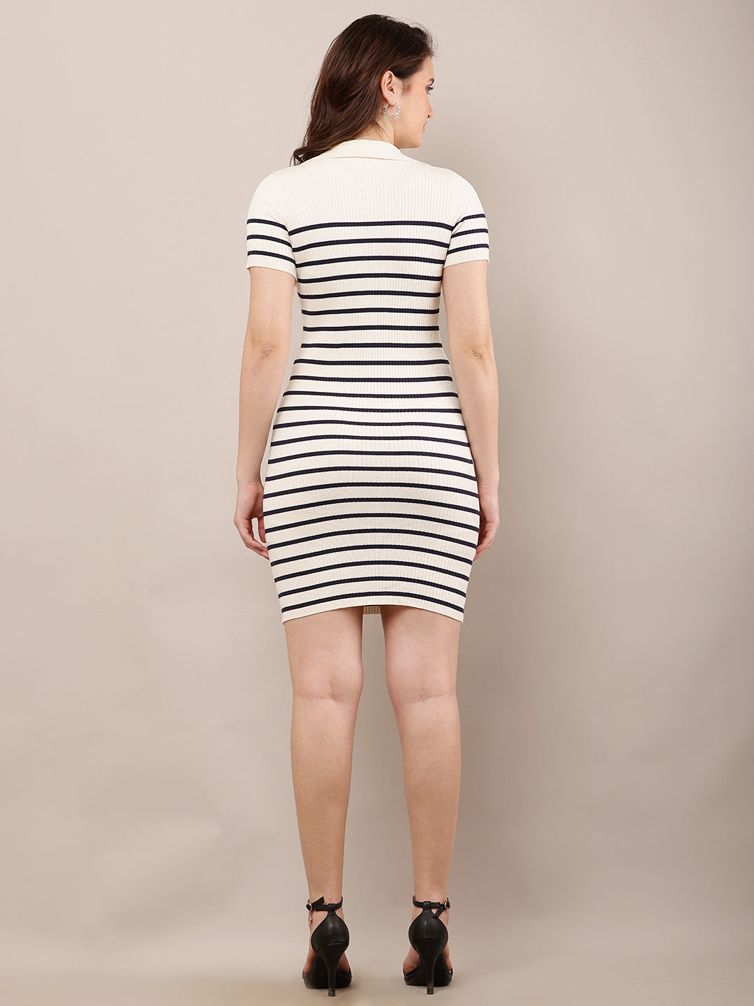 Viscose Half Sleeve with V-Neck Striped Cream Bodycon Dress