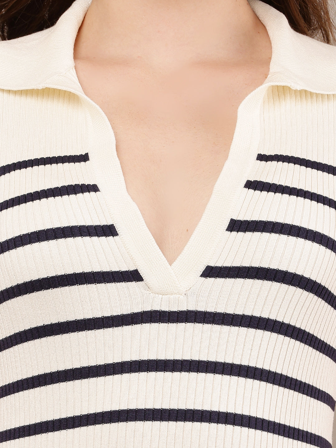 Viscose Half Sleeve with V-Neck Striped Cream Bodycon Dress