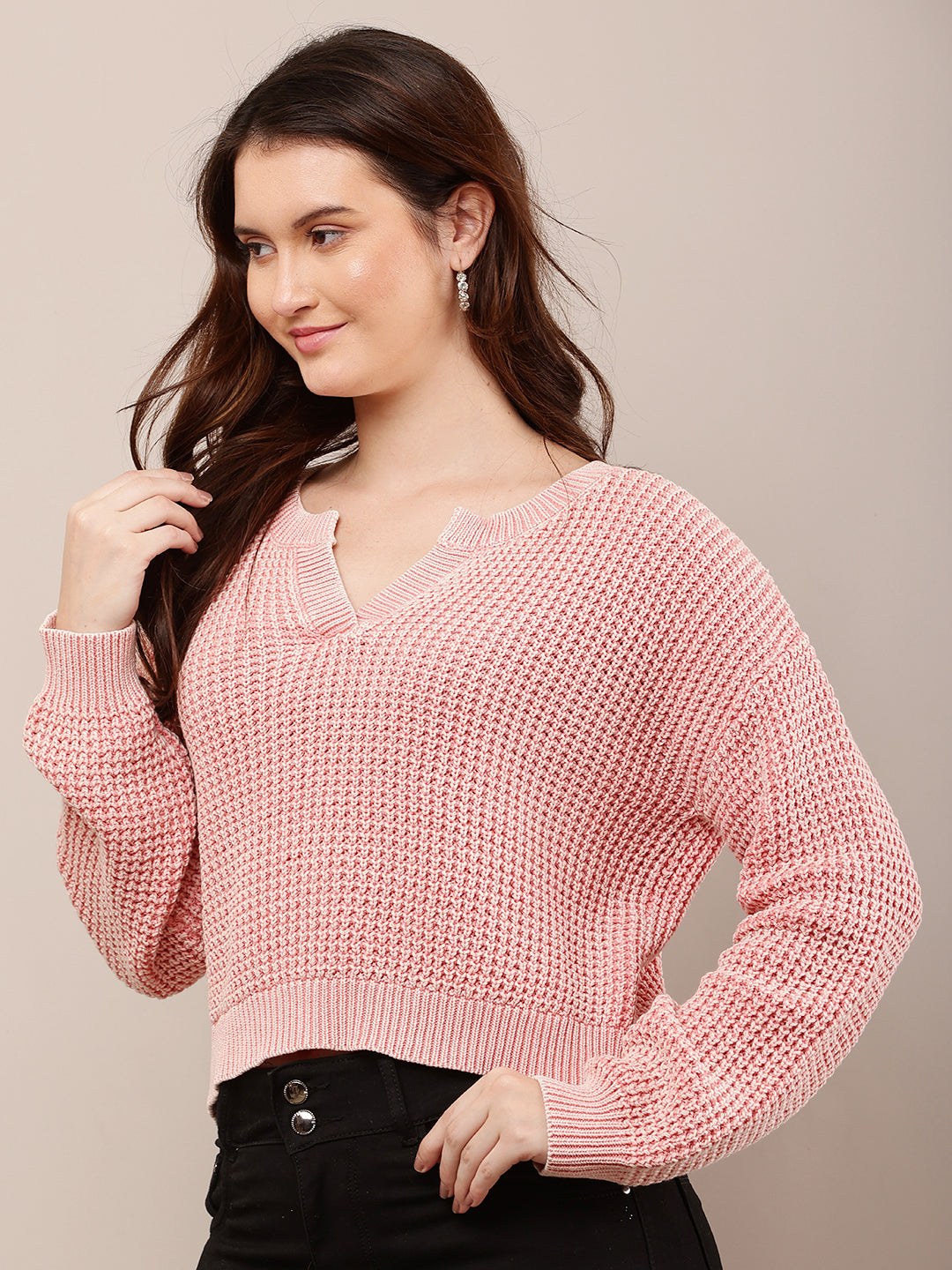 Cotton Full Sleeve with V-Neck Pink Baggy style Knitted Sweater