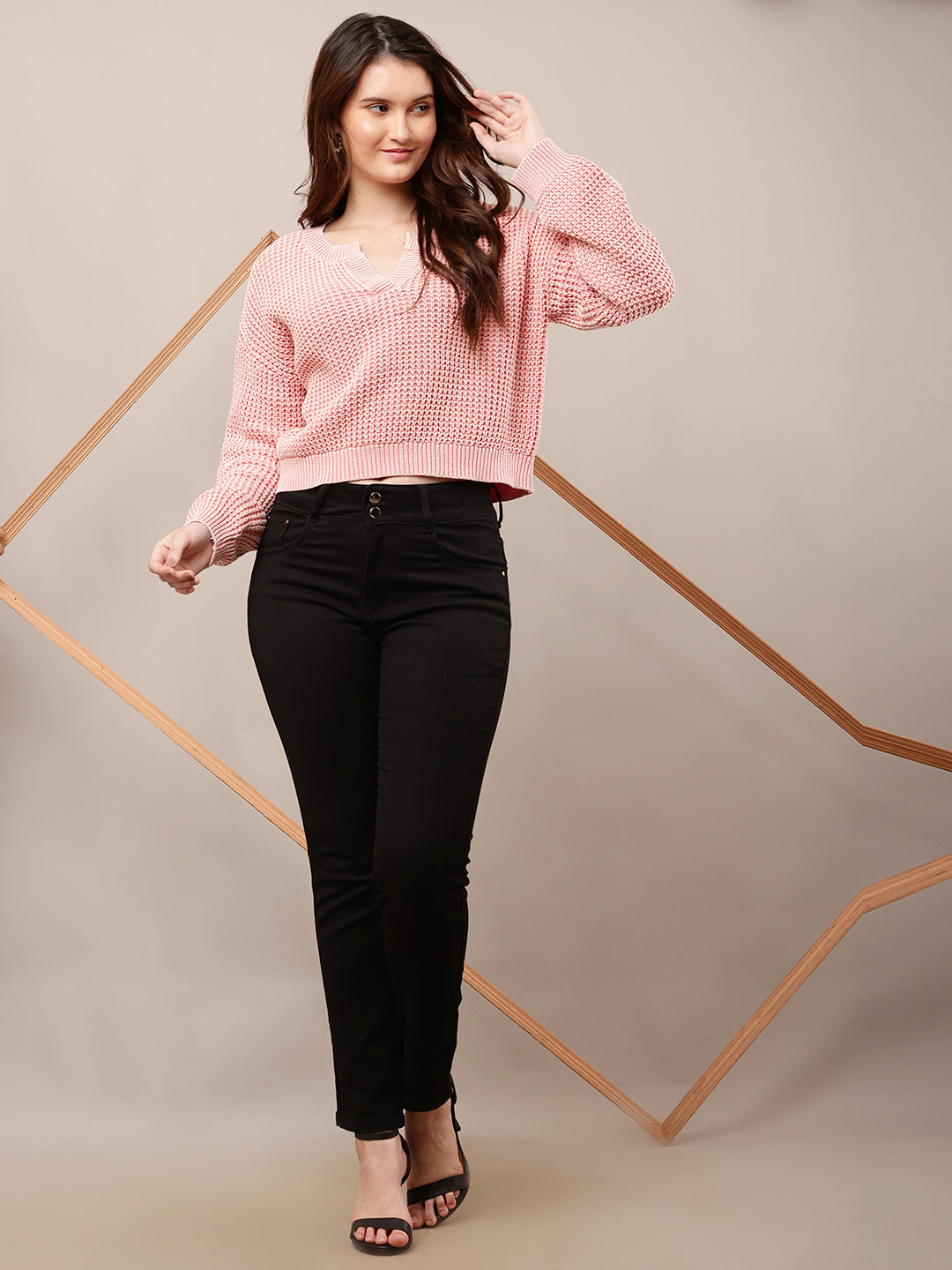 Cotton Full Sleeve with V-Neck Pink Baggy style Knitted Sweater