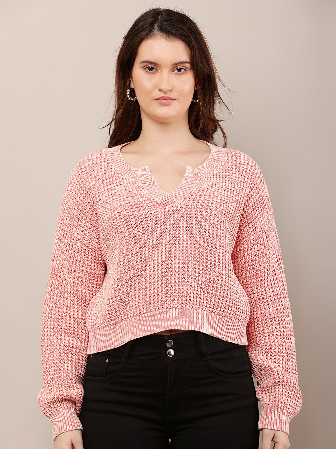 Cotton Full Sleeve with V-Neck Pink Baggy style Knitted Sweater