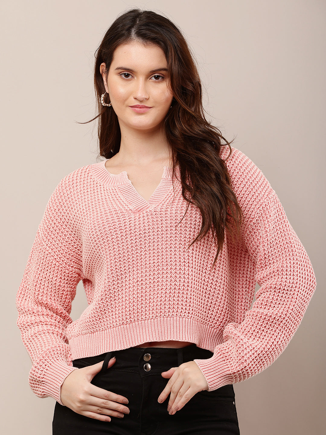 Cotton Full Sleeve with V-Neck Pink Baggy style Knitted Sweater