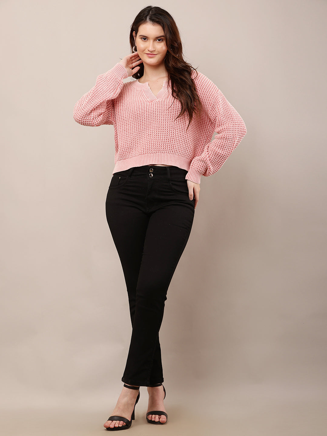 Cotton Full Sleeve with V-Neck Pink Baggy style Knitted Sweater