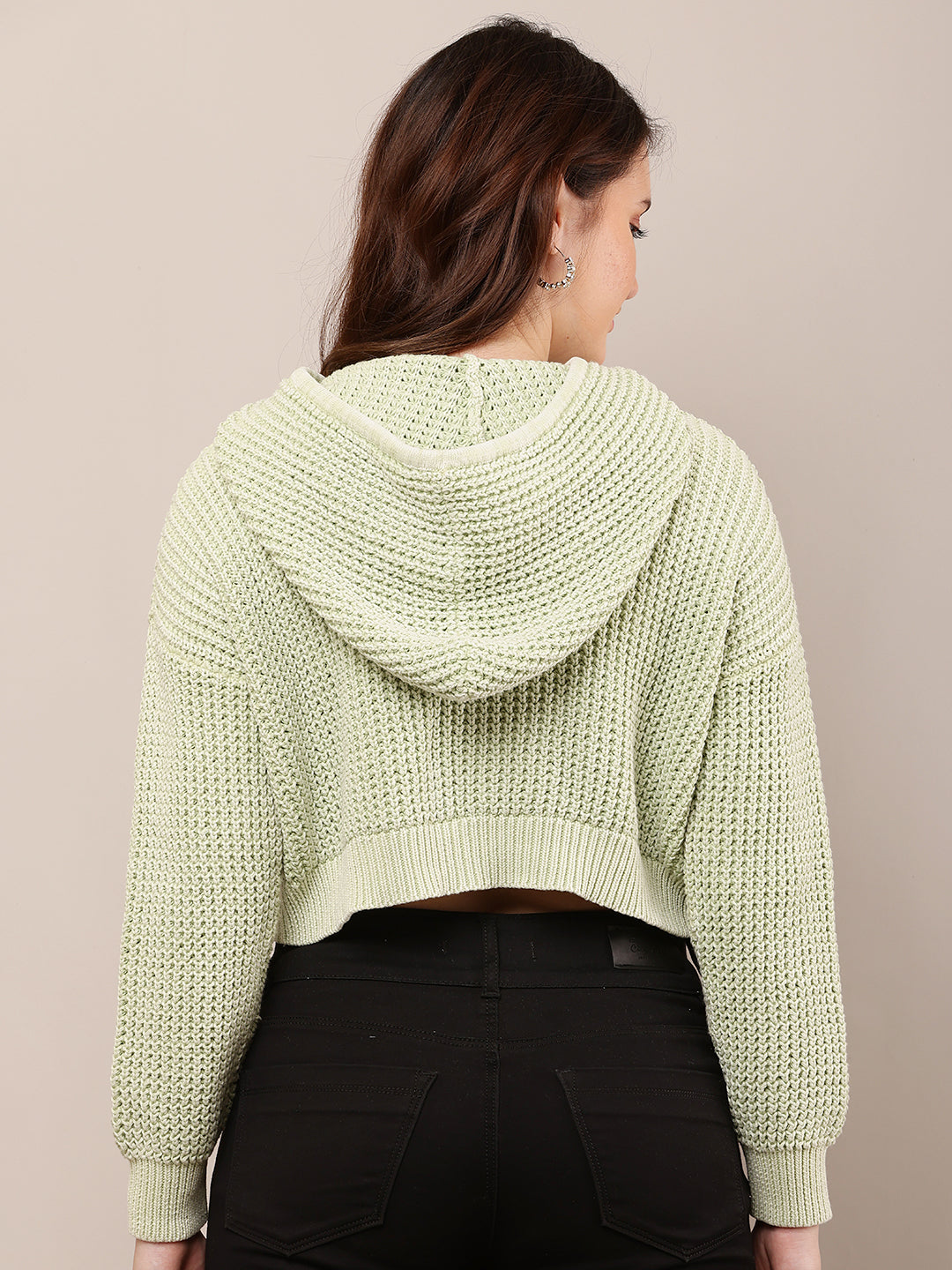 Cotton Full Sleeve with Hooded Knitted Crop Green Sweatshirt