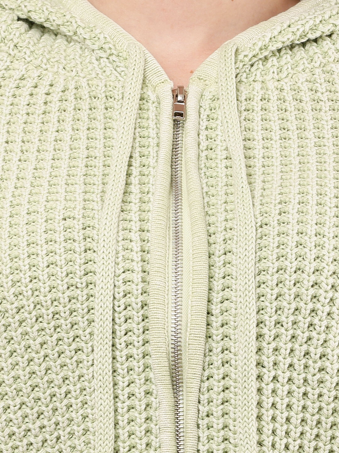 Cotton Full Sleeve with Hooded Knitted Crop Green Sweatshirt