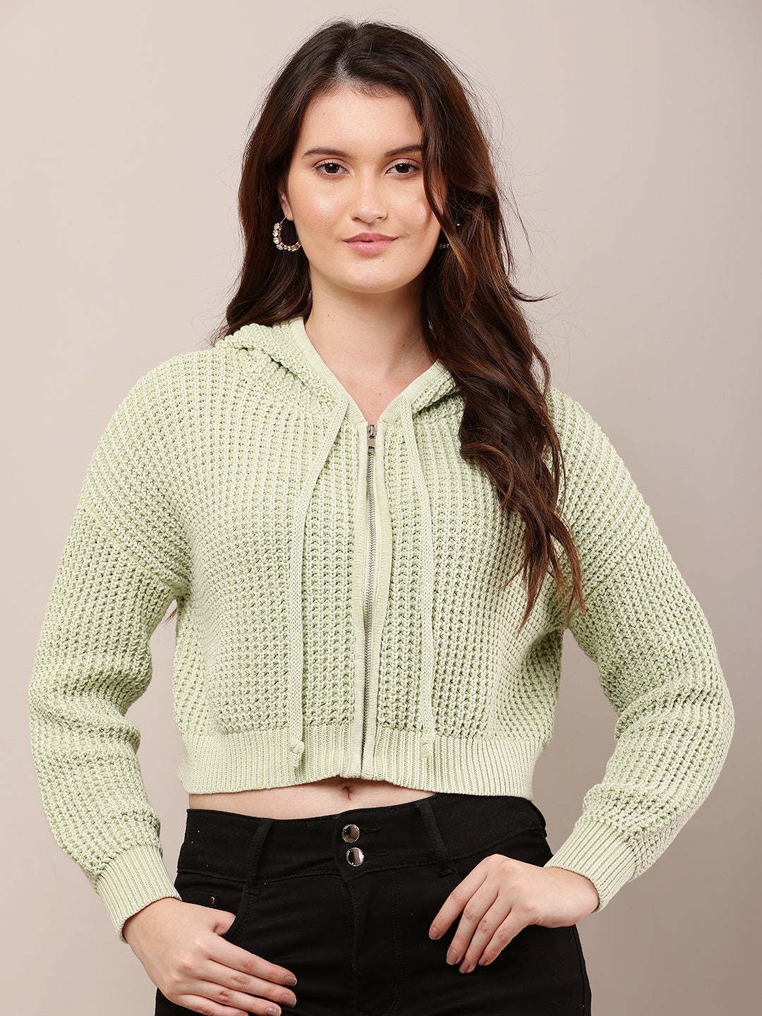 Cotton Full Sleeve with Hooded Knitted Crop Green Sweatshirt