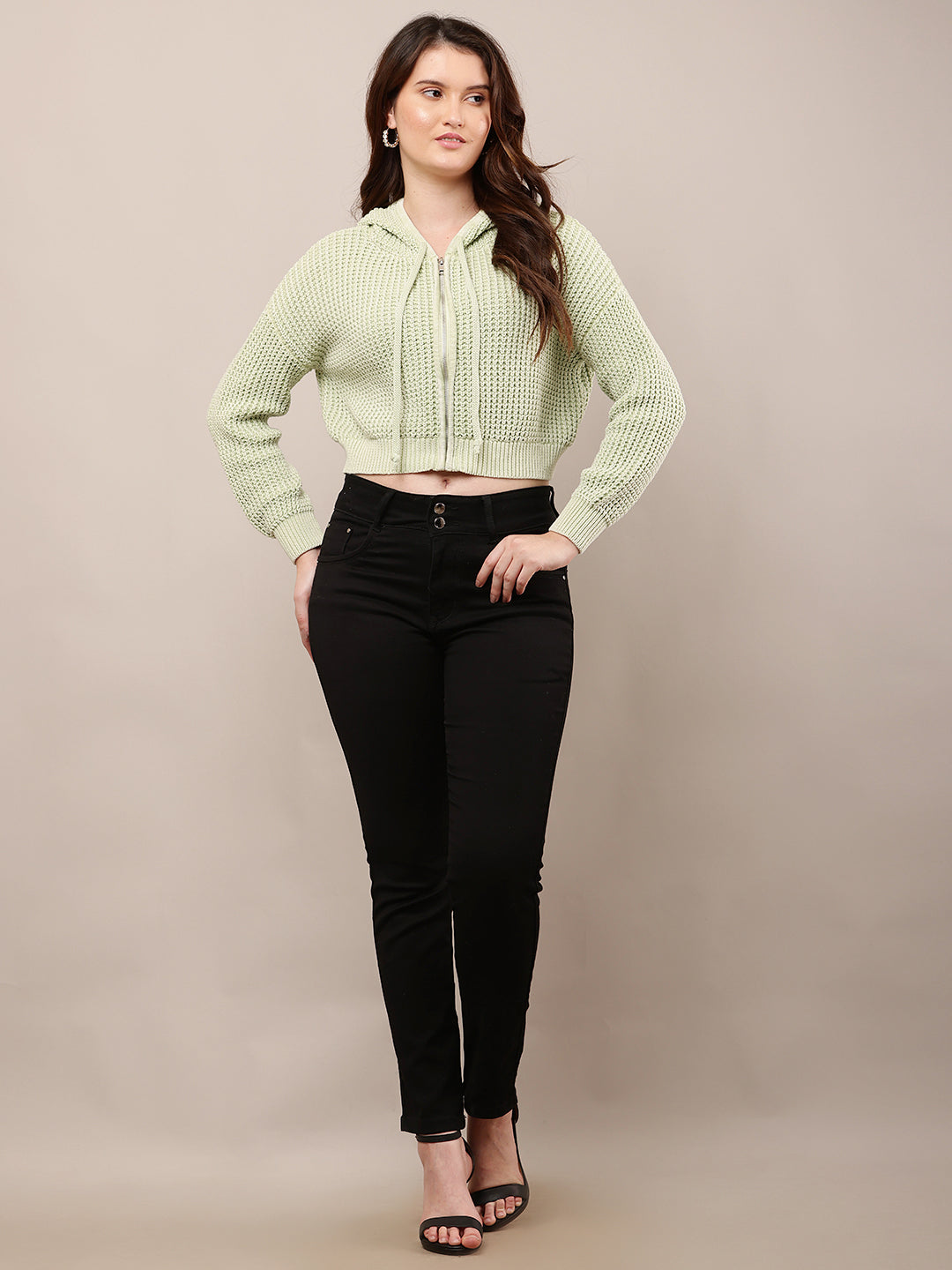 Cotton Full Sleeve with Hooded Knitted Crop Green Sweatshirt