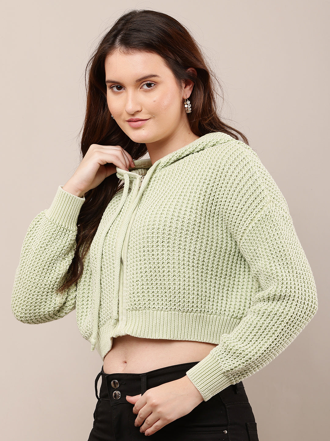 Cotton Full Sleeve with Hooded Knitted Crop Green Sweatshirt