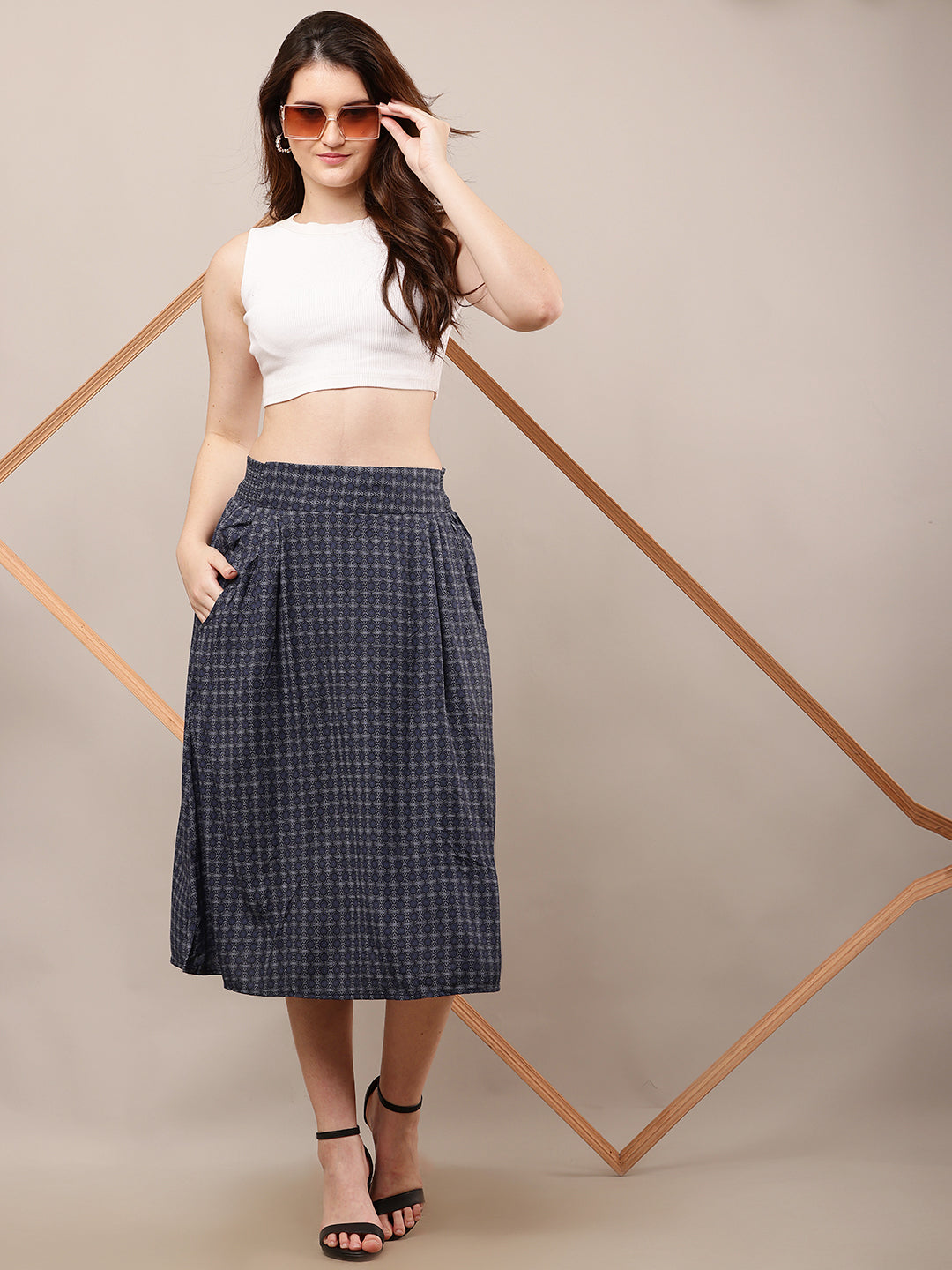 Viscose Elastic waist Casual Dark Blue Printed A-Line Skirt