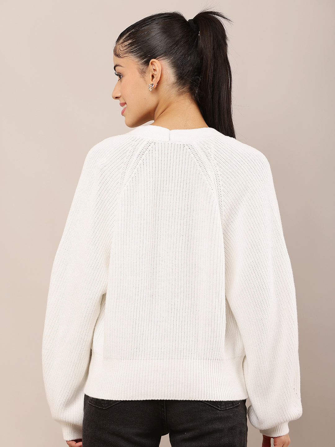 White Acrylic Full Sleeve slightly ballooned with V-Neck Knit Button-Down Cardigan
