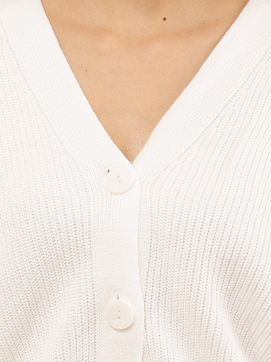 White Acrylic Full Sleeve slightly ballooned with V-Neck Knit Button-Down Cardigan
