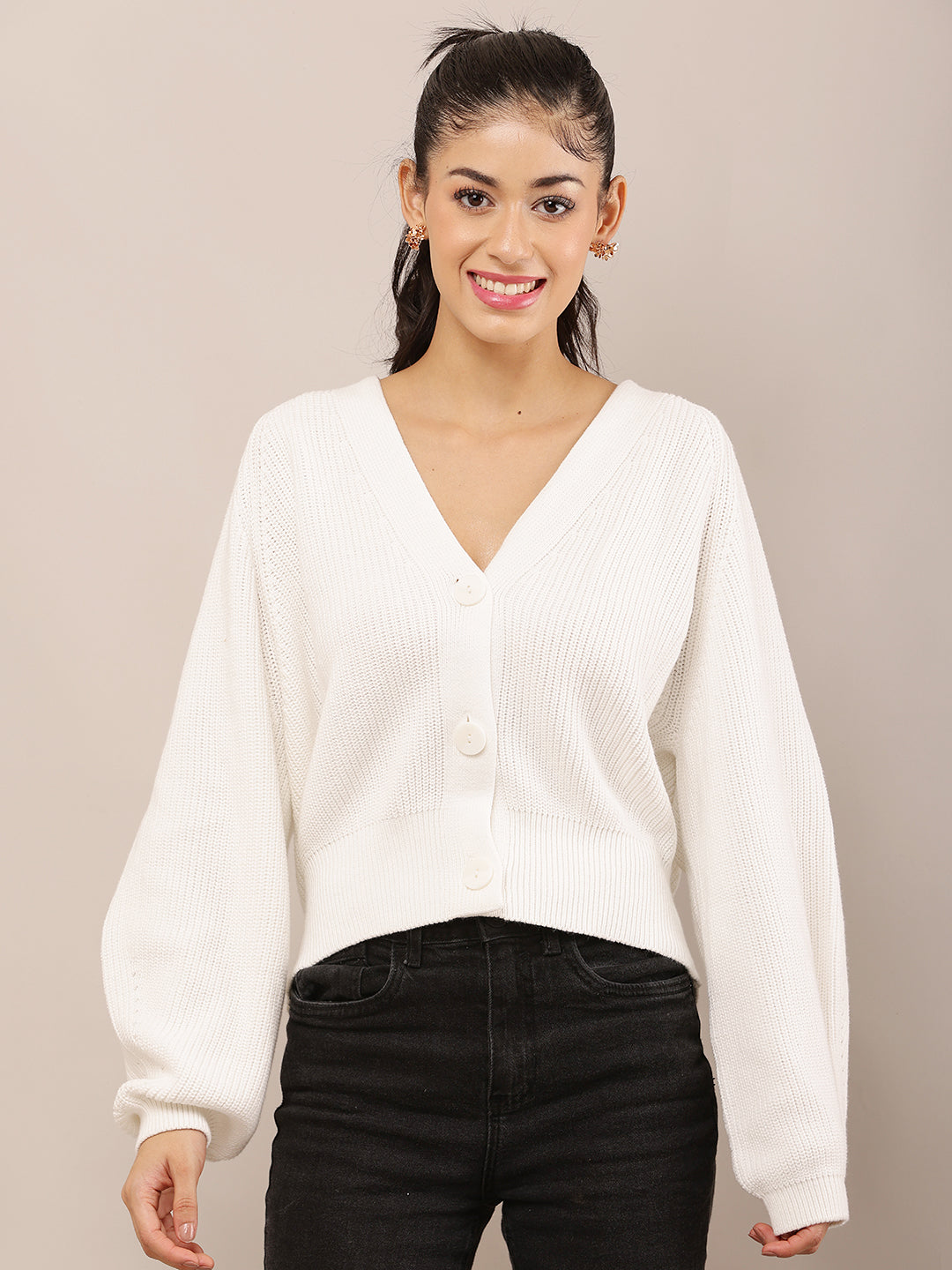 White Acrylic Full Sleeve slightly ballooned with V-Neck Knit Button-Down Cardigan