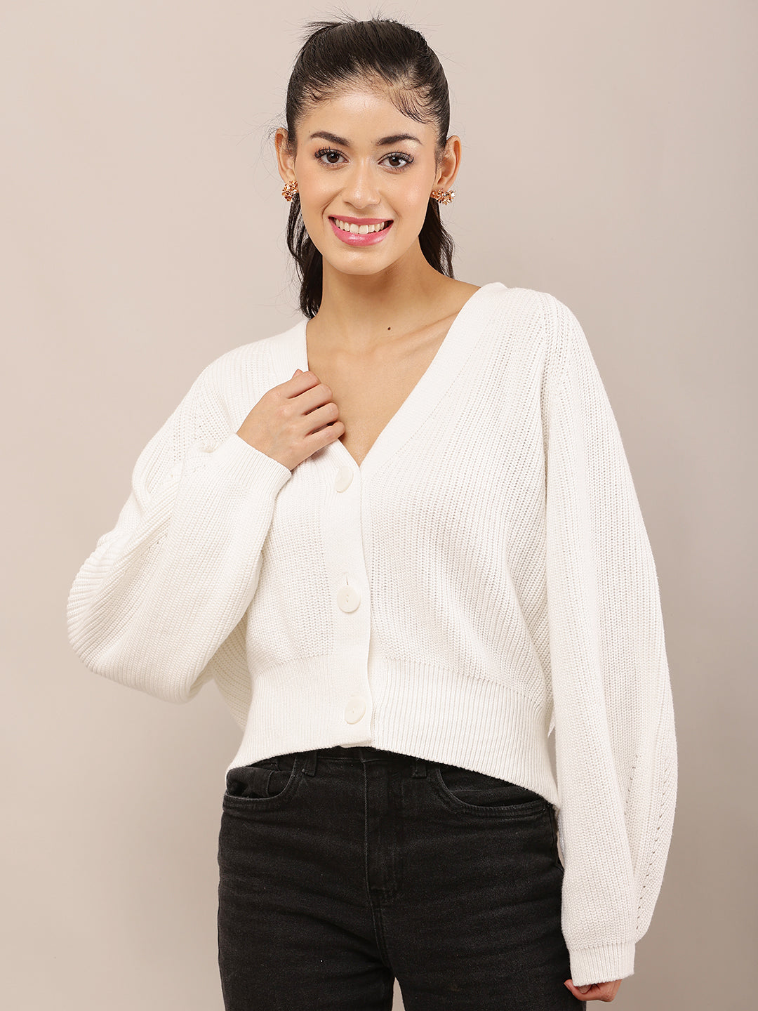 White Acrylic Full Sleeve slightly ballooned with V-Neck Knit Button-Down Cardigan