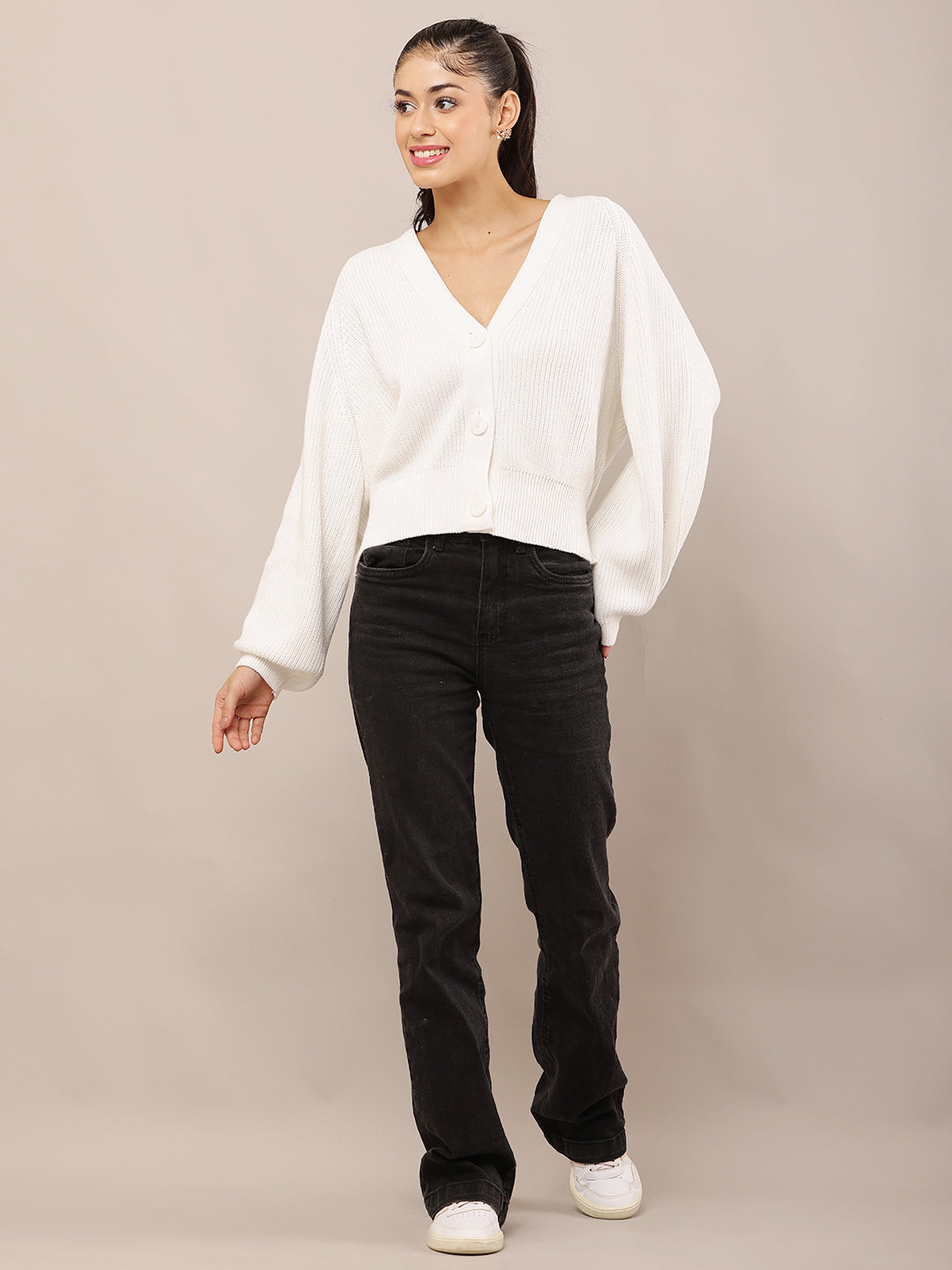 White Acrylic Full Sleeve slightly ballooned with V-Neck Knit Button-Down Cardigan