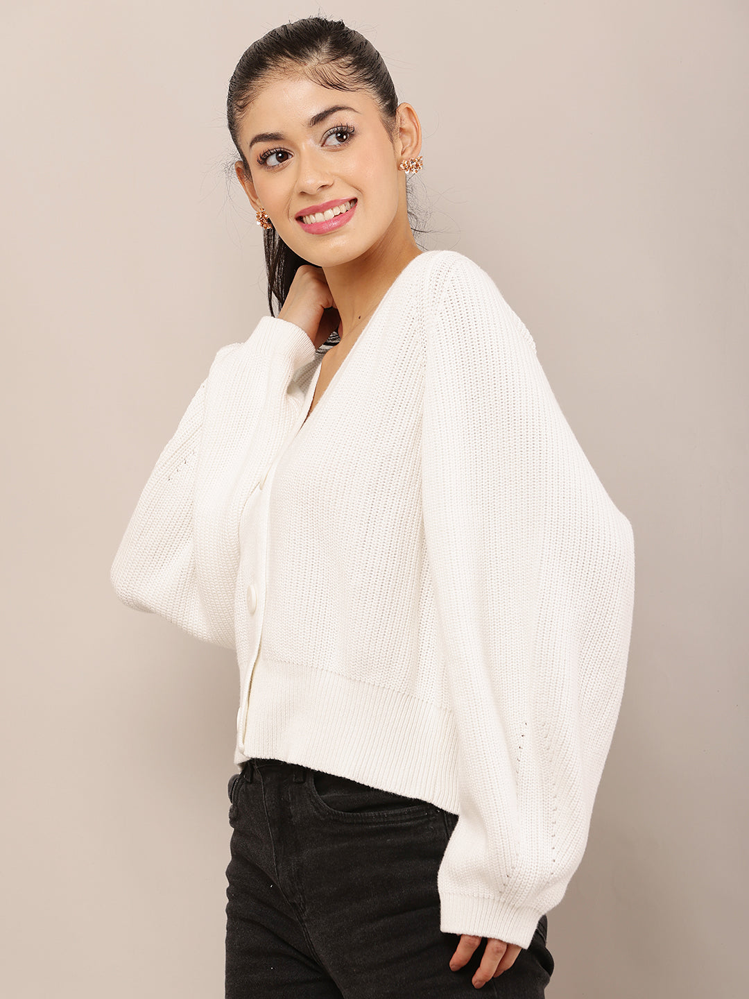 White Acrylic Full Sleeve slightly ballooned with V-Neck Knit Button-Down Cardigan