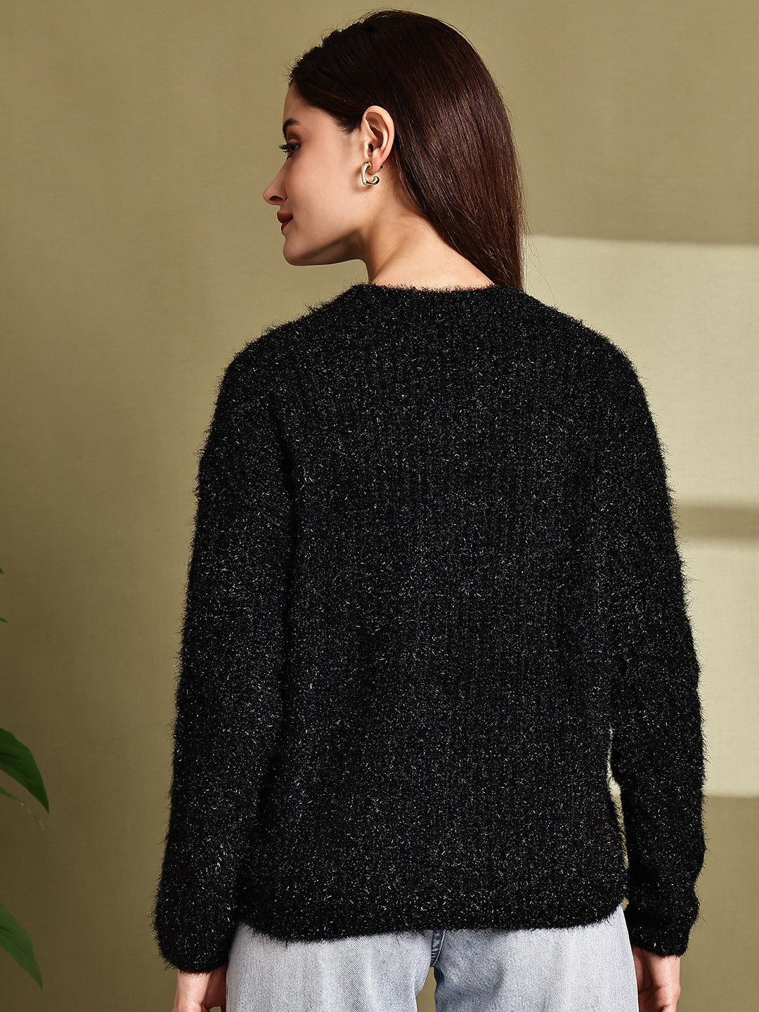 Polyester Full Sleeve with Black Fuzzy Drop-Shoulder Sweater