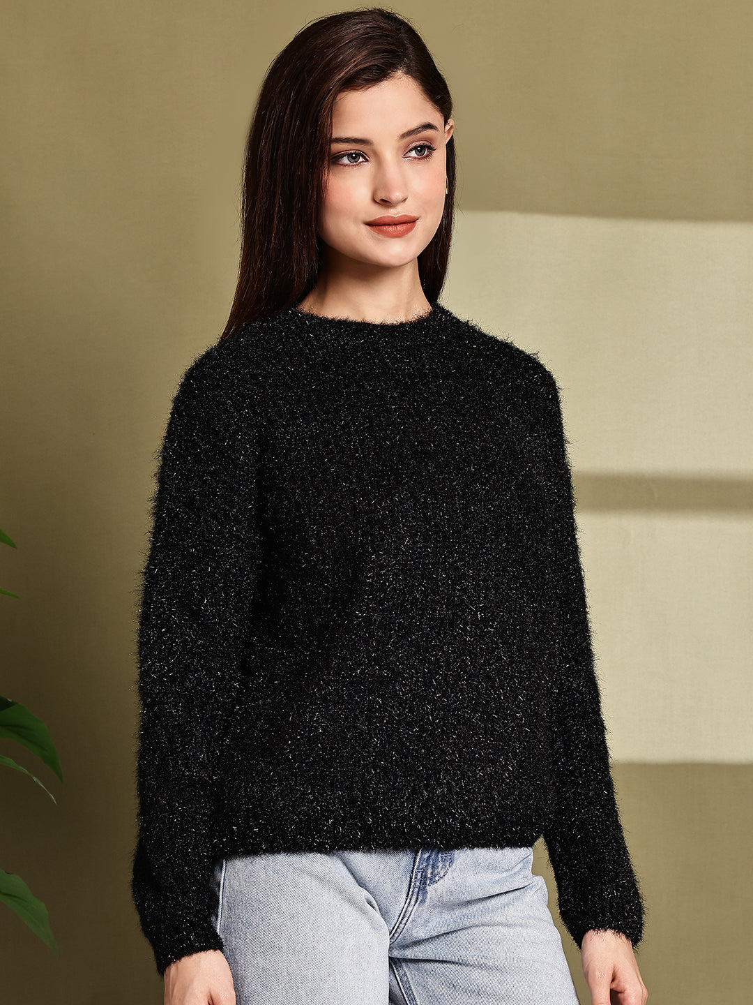 Polyester Full Sleeve with Black Fuzzy Drop-Shoulder Sweater