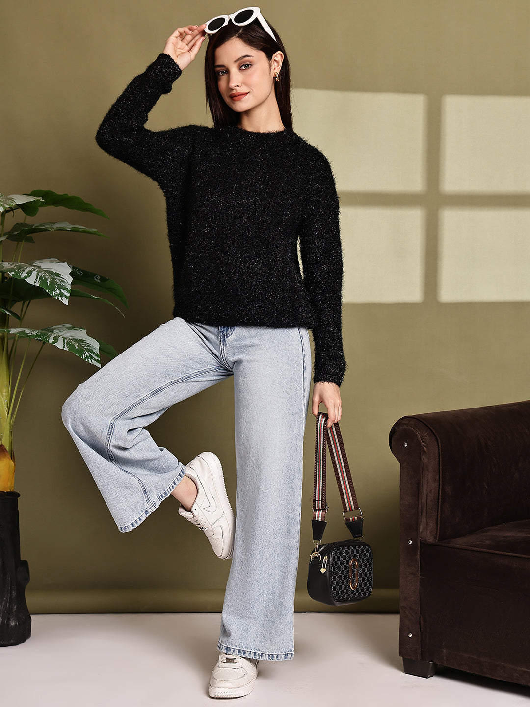 Polyester Full Sleeve with Black Fuzzy Drop-Shoulder Sweater
