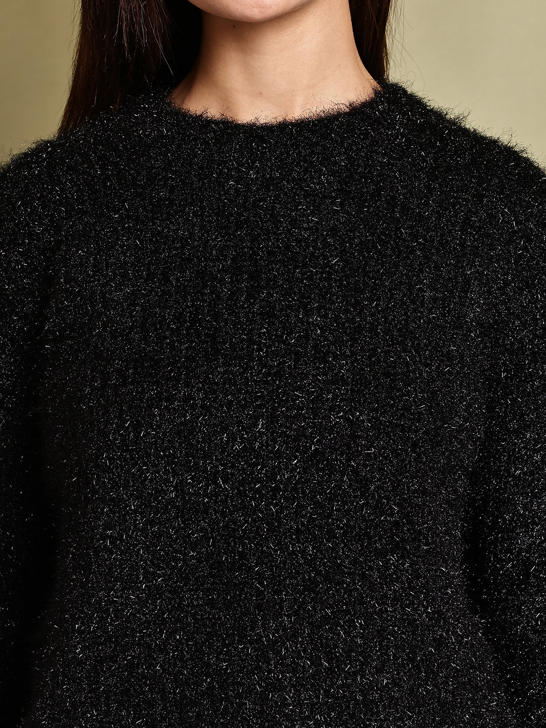 Polyester Full Sleeve with Black Fuzzy Drop-Shoulder Sweater