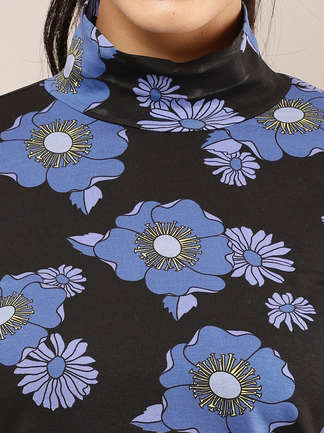 Viscose Black & Blue Floral Stretch High Neck Top